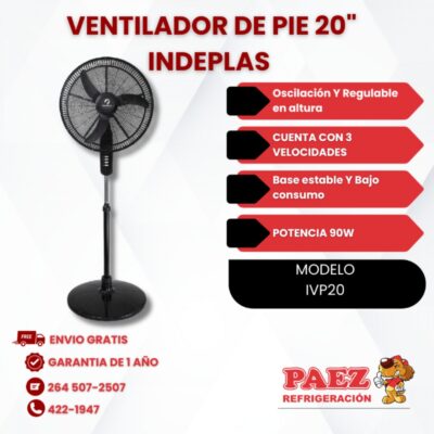 VENTILADOR DE PIE 20` 90 W. 3 VEL. `INDELPLAS`