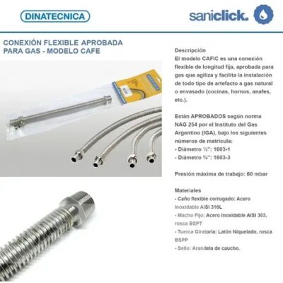 FLEXIBLE GAS NATURAL APROBADO 1/2 X 90 CM. `LT`